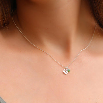 Silver Leaf And Emerald Necklace,Silver Short Pendant Leaf Necklace,Leaf Necklace For Women, Necklace For Girls,Bat Mitzvah Gift,Birth Stone